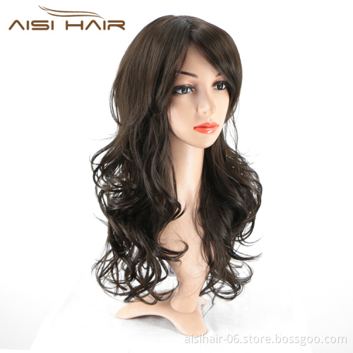 Aisi Hair Top Quality Synthetic Long Wavy Black Brown Wig Body Wave Heat Resistant Hair Wigs For Black White Women